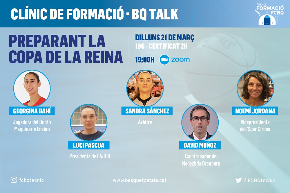 FORMACIÓ CONTINUADA l 🏀 BQ Talk - Preparant la Copa de la Reina

📆 Dilluns, 21 de març 2022 (19 h)
📍 Zoom
🎟 10€
💻 basquetcatala.cat/noticies/9342
👉 inscripcions.basquetcatala.cat/convocatoria/c…