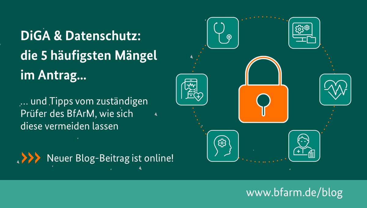 bfarm_de's tweet photo. #DiGA &amp; #Datenschutz: In unserem Blog #BfArM4Health beschreiben wir die 5 häufigsten Mängel im Antrag und geben Tipps, wie sich diese vermeiden lassen: https://t.co/0WRqyuyWoD Passend dazu gibt es unsere DiGA-Webinare, Start am 22.03. https://t.co/lmL0gR3TQk https://t.co/4kuNe5nCwl
