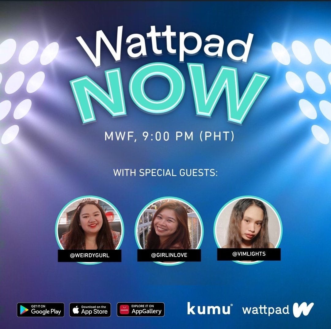 Official3W8L's tweet photo. 'Wattpad Now' happening later.  Just follow @wattpadph at KUMU to catch @GirlinloveWatty, LIVE! 😍💜 https://t.co/V3lcVlBY6i