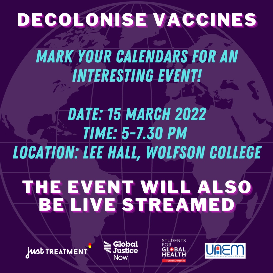 CambridgeUaem's tweet photo. As we draw closer to 15th March, UAEM Cambridge is excited to co-host an informative event.
The event will be live-streamed, so if you cannot make it in person, be sure to tune in at https://t.co/VHoNRYXqlG

#Decolonisevaccines
#TRIPSWaiver
#PeoplesVaccine https://t.co/lfuPo9S7lQ