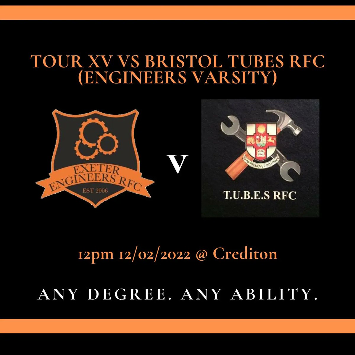 Exeter Engineers RFC (@engineersrfc) on Twitter photo As part of our annual trip to Crediton, we will be taking on <a href="/TUBES_RFC/">TUBES Rugby</a> in our varisty match!
#Tour
#AnyDegree #AnyAbility As part of our annual trip to Crediton, we will be taking on <a href="/TUBES_RFC/">TUBES Rugby</a> in our varisty match!
#Tour
#AnyDegree #AnyAbility