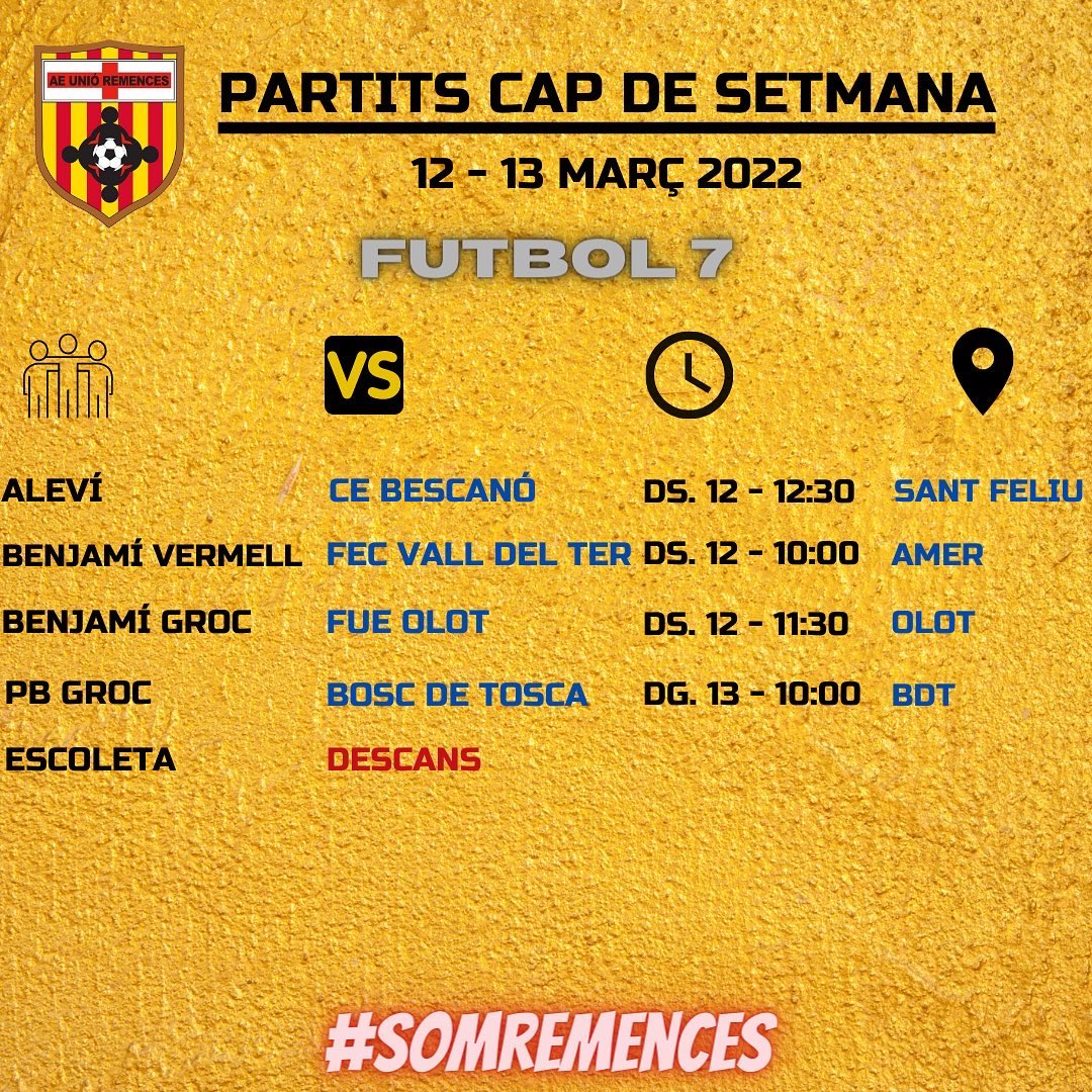 📆 Els partits del cap de setmana! Esperem que la ☔️ ens respecti! Molta sort a tots! 💪🏻⚽️🟡⚫️ #SomRemences