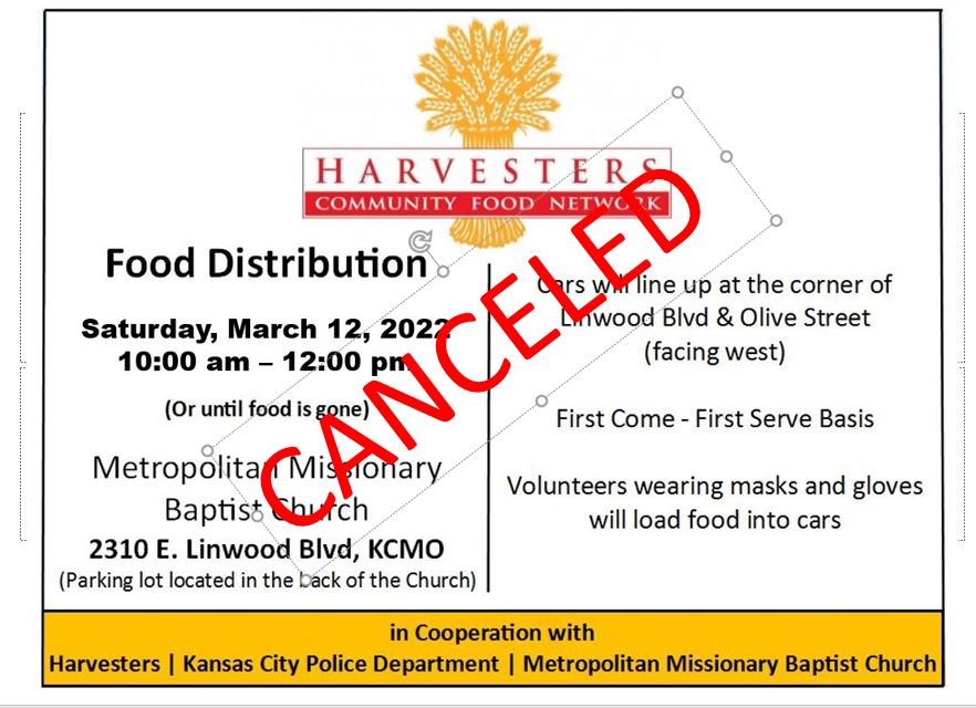 Metrombc's tweet photo. Please share: EVENT CANCELLATION NOTIFICATION The Met Harvesters Food Distribution scheduled Saturday, March  12, 2022 | 10:00 AM – 12:00 PM has been canceled. https://t.co/3S3trJwfj2