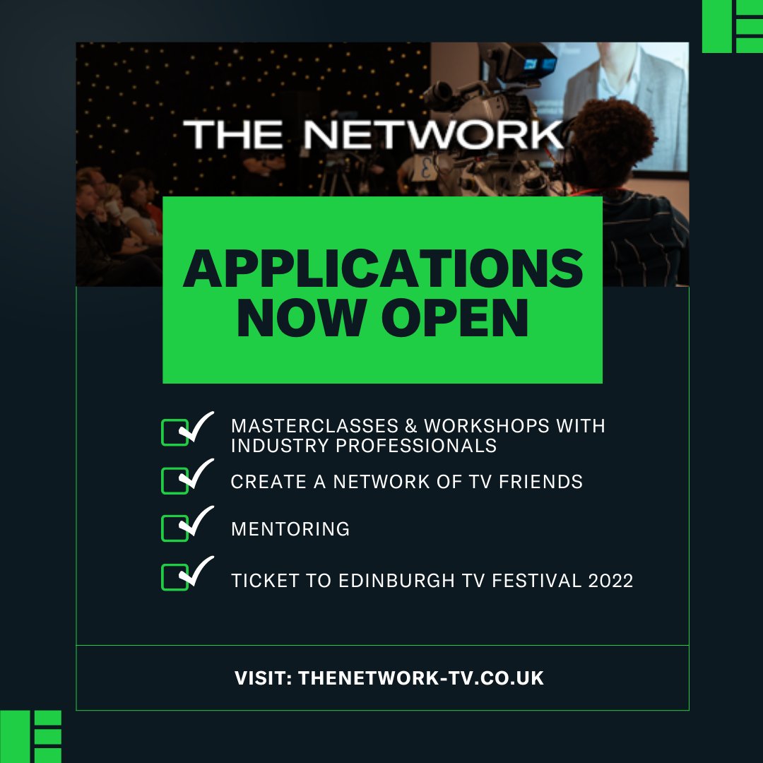 thetvfoundation's tweet photo. Applications are officially OPEN for The Network 2022!

It's a free entry level scheme for anyone 18+ who wants to start a career in TV. You will access sessions, masterclasses and workshops from industry professionals, a free pass to the festival AND a year of mentoring. https://t.co/0nThOfUCFY