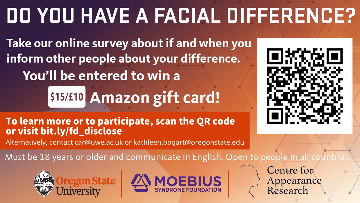 Appearance Research (@car_uwe) on Twitter photo Do you have a facial difference? Please take part in CAR’s #newresearch in collaboration with <a href="/OregonState/">Oregon State University</a> about making decisions around acknowledging, disclosing and explaining facial differences. Scan the QR code or visit bit.ly/fd_disclose to take part. #VisibleDifference Do you have a facial difference? Please take part in CAR’s #newresearch in collaboration with <a href="/OregonState/">Oregon State University</a> about making decisions around acknowledging, disclosing and explaining facial differences. Scan the QR code or visit bit.ly/fd_disclose to take part. #VisibleDifference