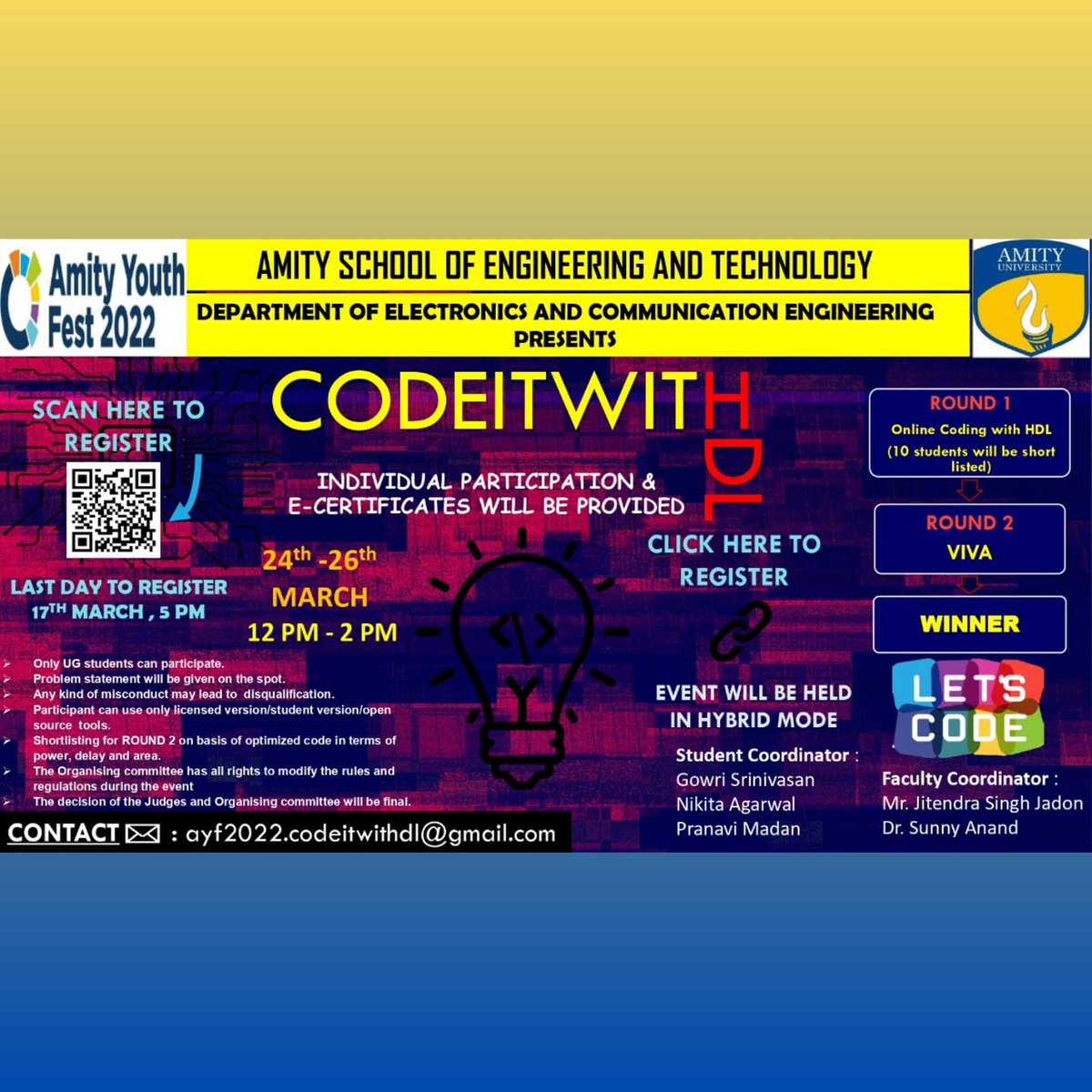AYF2024's tweet photo. Amity Youth Fest is back for you all coders! CODEITWITHDL is here giving you a chance to showcase your skills by participating in this amazing competition. Can’t wait to see you there! 
Register now at : https://t.co/GRuvX0raSx
#AYF2022 #CODEWITHDL
#AMITYUNIVERSITYNOIDA
#AUUP https://t.co/13KVrz5GAb