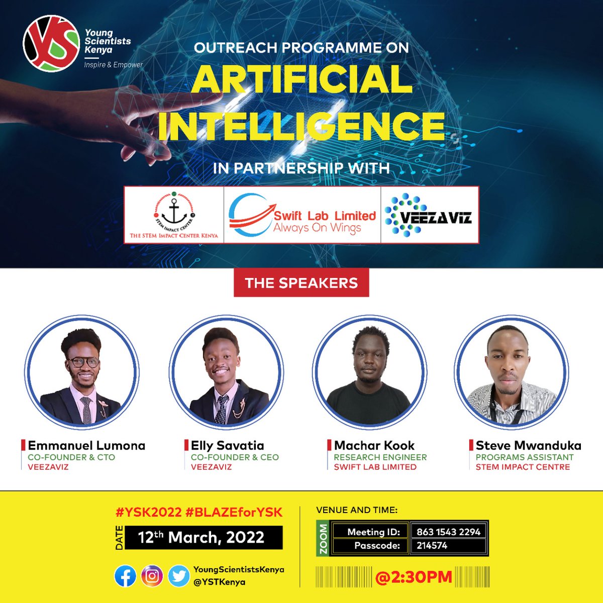 YSTKenya's tweet image. The YSK Team will be coming to you live from @STEMImpactKenya to bring you an exciting and interesting session on Artificial Intelligence 

With us will be a fantastic speaker panel courtesy of @veezaviz, @SwiftLabAi &amp;amp; @STEMImpactKenya itself!

Register👇
forms.gle/t3qvPJmmN4dG9u…
