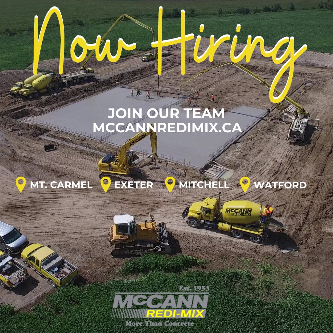 mccannredimix's tweet photo. Are you looking for a rewarding career? We’re looking for you!

Apply Today at hr@mccannredimix.ca

#WeAreHiring #NowHiring #teamYellow #RediMix #GrandBend #MtCarmel #Exeter #Dashwood #Mitchell #Watford #JoinOurTeam https://t.co/4DaGCtRScK