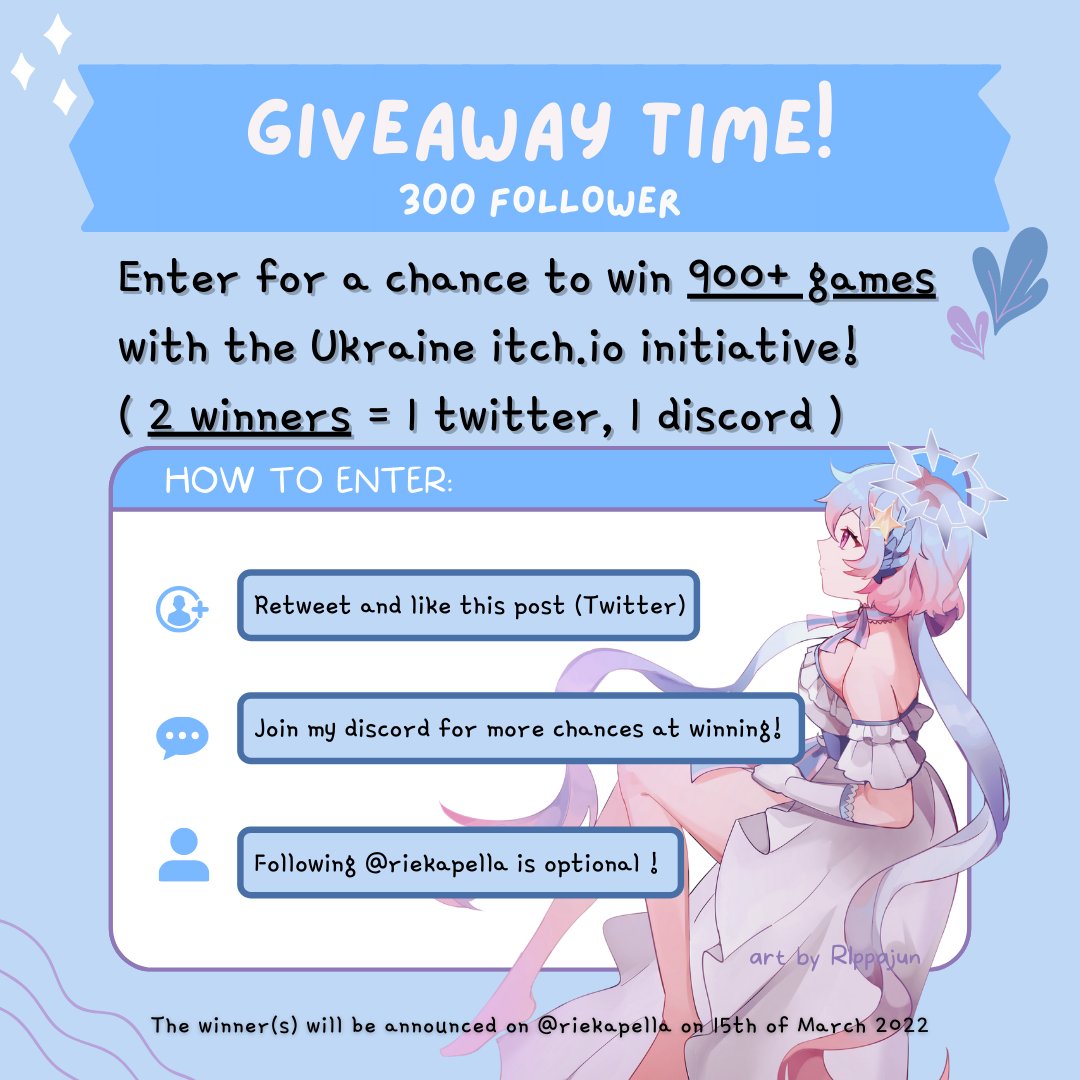 hanazawarie's tweet photo. 💫WE ARE BACK !!💫
✨https://t.co/D9QT1JgZ7d 300 FOLLOWERS GIVEAWAY !!
💖there will be 2 WINNERS
🌟join my discord for a higher chance at winning! https://t.co/AMY1WiEHwN

🤍GOOD LUCK!

#giveaway #Ukraine️ #donation #discord #winner #itchio https://t.co/optgEkiZvf