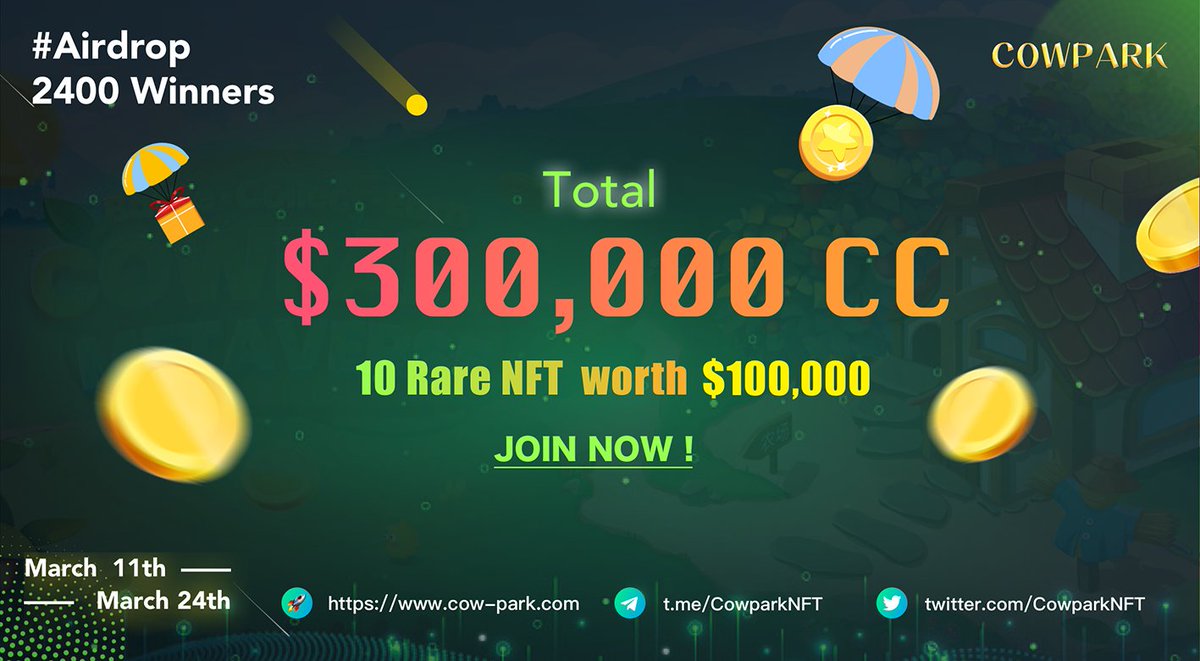 hulkordie's tweet photo. 🚨 @CowparkNFT #GIVEAWAY 🚨

Prizes:
🏆10 x Rare Cow #NFT (worth $4000)
🏆300,000 CC   (worth $60,000)

To win:
✅ Follow us
✅ Like, RT and tag 3 friends
✅ Join our TG: https://t.co/ZaL3PMkAli
✅ Fill:Gleam link https://t.co/w85C7URgdr

End at 11:59PM Mar 18th, 2022 (UTC+0) https://t.co/NMZNFLUe6K