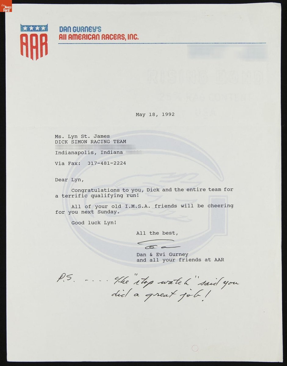 JUArchivist's tweet photo. The Lyn St. James Papers contains almost 100 cubic ft. of documents, recordings, and 3D objects documenting the career of this race car driver, incl this congratulatory letter from Dan and Evi Gurney. #BensonFordRC #FindingAidFriday THF239968 @thehenryford https://t.co/DKpiZTB2xe https://t.co/wv8IXDhSA2