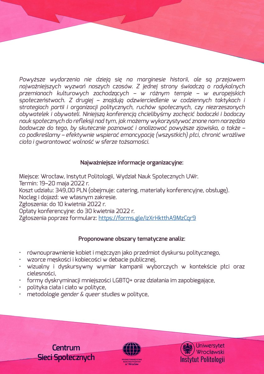 PolitologiaUWr's tweet photo. Zapraszamy do udziału w konferencji naukowej „#Polityka płci, ciała i tożsamości” organizowanej w dn. 19-20.05.22r. wspólnie przez Sekcję Badań #Gender &amp; #Queer #Politics PTNP, wrocławski oddział #PTNP, Centrum Sieci Społecznych oraz Instytut Politologii @uniwroc #uniwroc https://t.co/bOtB1w9ZOM