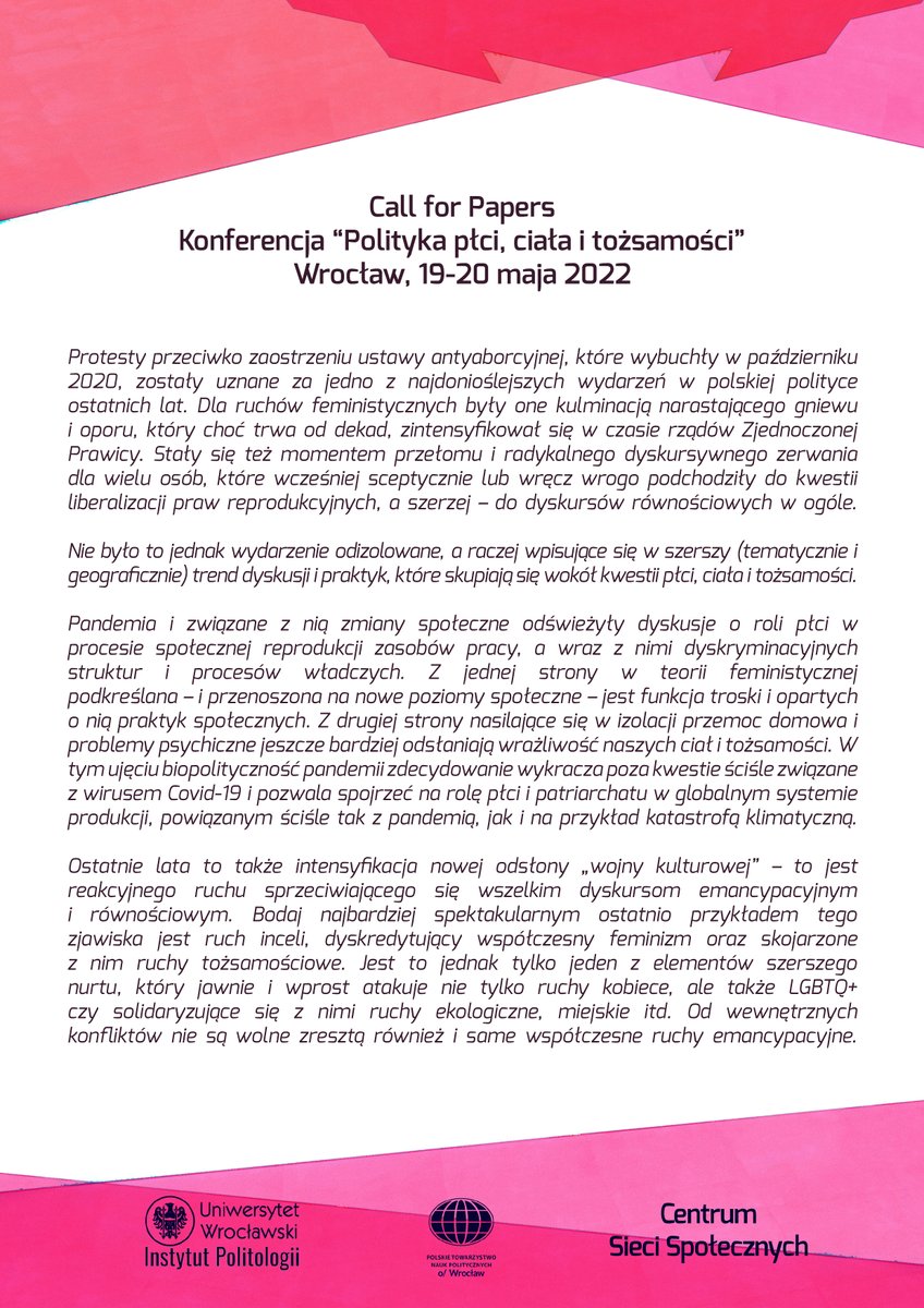 PolitologiaUWr's tweet photo. Zapraszamy do udziału w konferencji naukowej „#Polityka płci, ciała i tożsamości” organizowanej w dn. 19-20.05.22r. wspólnie przez Sekcję Badań #Gender &amp; #Queer #Politics PTNP, wrocławski oddział #PTNP, Centrum Sieci Społecznych oraz Instytut Politologii @uniwroc #uniwroc https://t.co/bOtB1w9ZOM