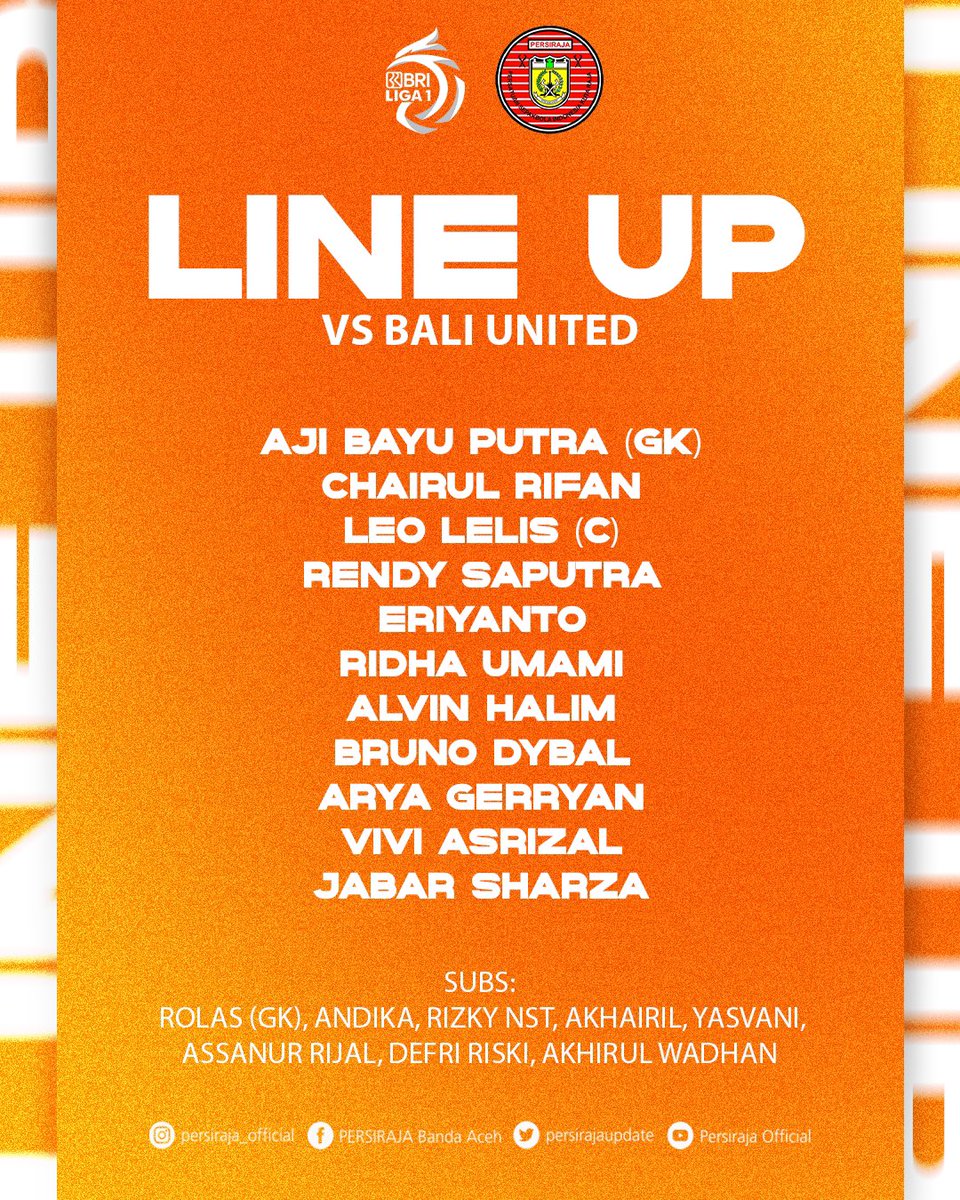 persirajaupdate's tweet photo. Sebelas pertama penggawa Laskar Rencong yang akan diturunkan menghadapi Serdadu Tridatu malam hari ini. Lantak Laju ! ✊🧡🔥

#PERSIRAJA 👑 #LaskarRencong #BRILiga1 #DukungDariRumah https://t.co/KxfulQfuwH