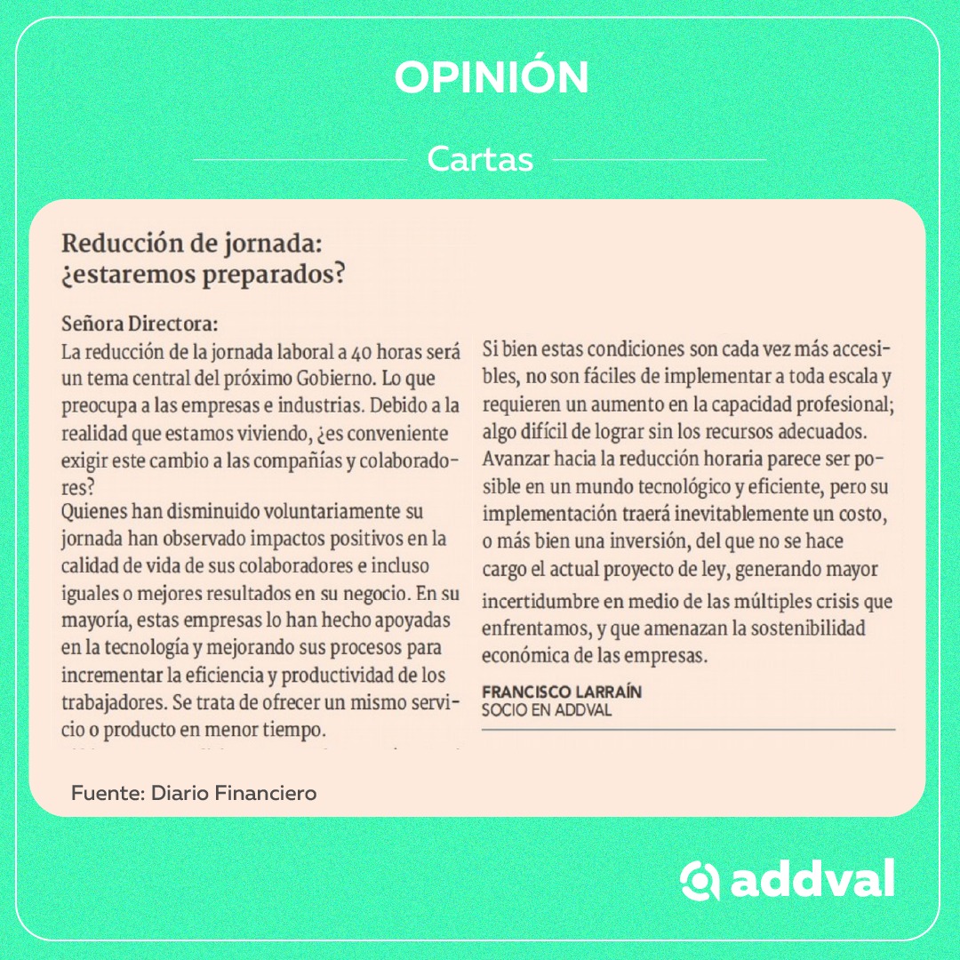 AddvalCL's tweet photo. Hoy se concreta el cambio de mando presidencial y una de las propuestas que preocupa a las empresas e industrias es la reducción de la jornada laboral a 40 horas. Medidas que no son fáciles de implementar y requieren un aumento en la capacidad profesional. #cambiodemando https://t.co/QjcD4I9FOM