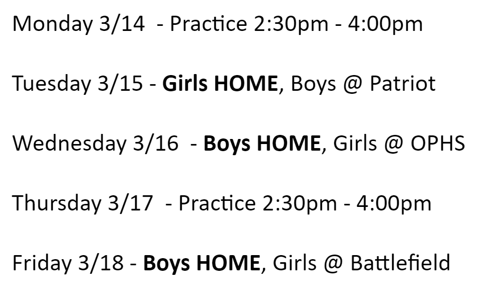 Colgan Tennis 3/14 - 3/18
<a href="/PatriotPioneers/">PatriotPioneers</a> <a href="/OPJackets/">OPHS Athletics and Activities</a> <a href="/Bobcat_Pride1/">Battlefield Athletic</a>