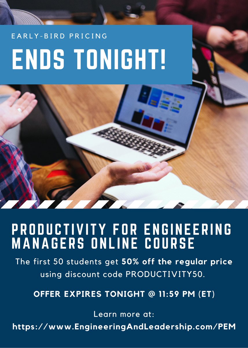 Reminder: The Productivity for Engineering Managers course is selling for half price until tonight at 11:59 PM (ET). After that, the price will go up by almost $300 US. Use code PRODUCTIVITY50. 

loom.ly/047Koc0

#engineeringmanagement #engineeringleadership