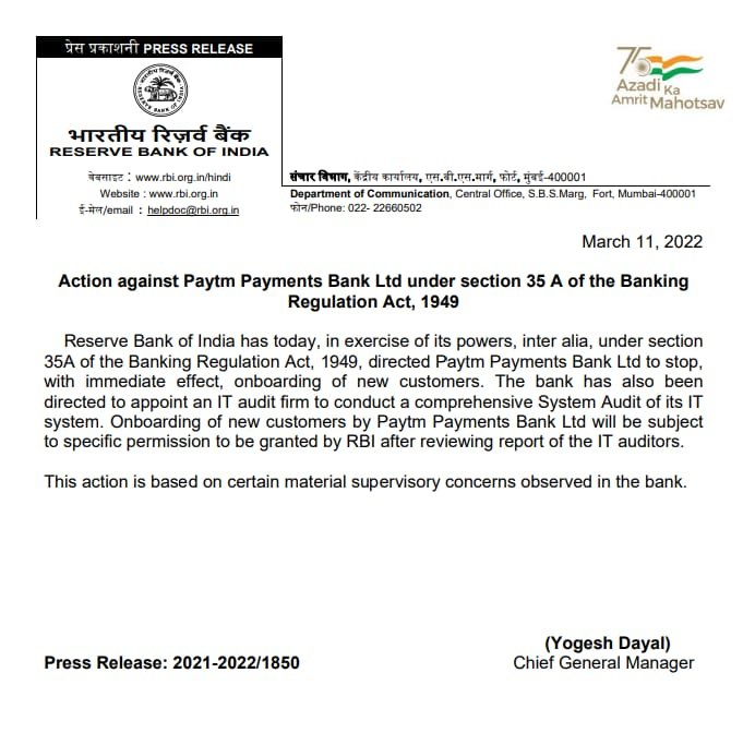 talwar_harshit's tweet photo. 👆🏻The Reserve Bank of India (RBI) has barred Paytm Payments Bank from onboarding new customers with immediate effect due to certain supervisory concerns.

#Paytm #RBI #UPI #banking https://t.co/C7N6ZYzSDA