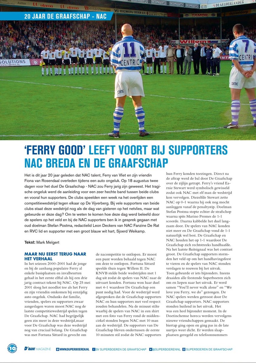 MarkMelgert's tweet photo. Vorig jaar maakte ik een artikel in de D'ran over de band tussen @DeGraafschap en @NACnl. Het was namelijk 20 jaar geleden dat NAC speler Ferry van Vliet en vriendin Fiona om het leven kwamen door een auto-ongeluk.
Ik sprak met o.a. Stefan Postma, @TjibbeDTC en @FanzineDeRat https://t.co/8Htq6SYkdC