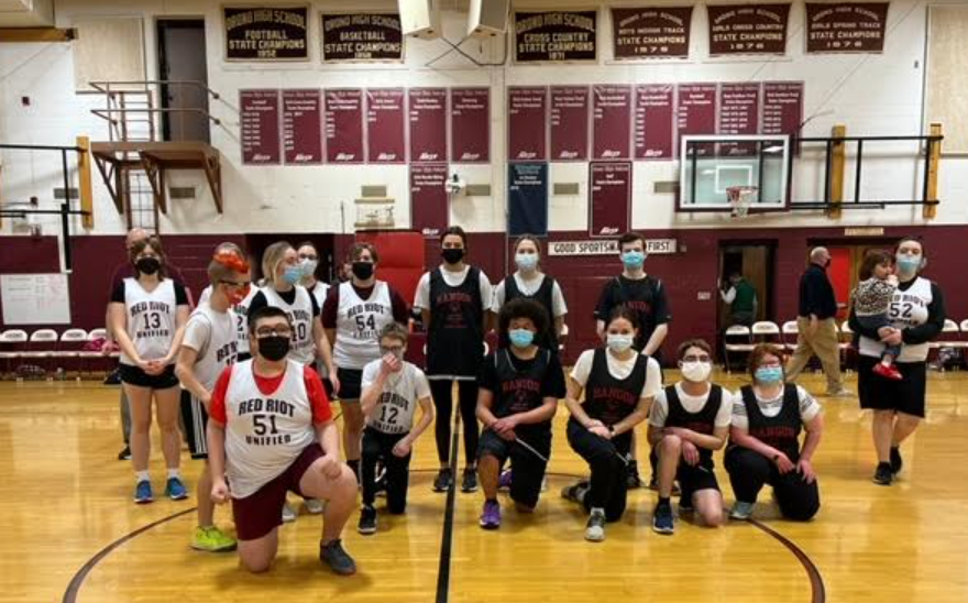 rsu_26's tweet photo. The OHS Unified basketball team came from behind with the hot three point shooting of Drew Simmons and a double digit effort by Tiffany Butler, to defeat Bangor 74-72.   They now will play in the end of season Unified Festival this Saturday hosted by OHS.  
#RiotPride
#GoRiots https://t.co/6rR1yeMz9d