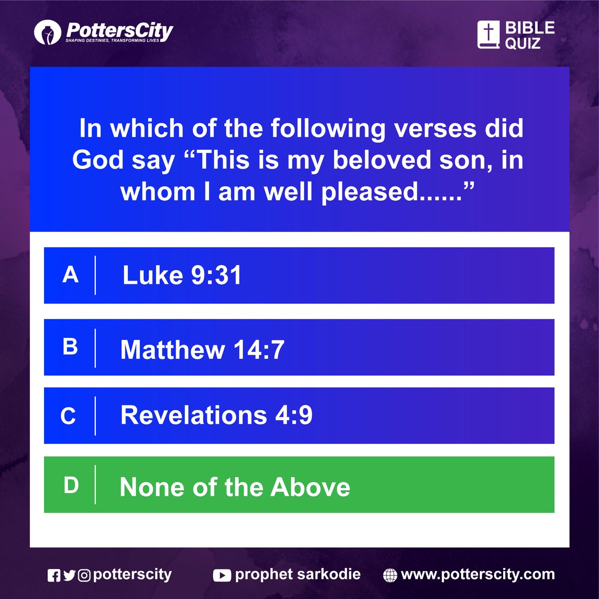 PottersCity's tweet photo. POTTERS TRIVIA!!!
Thank You today for making time to participate in today's quiz, Our winners for today will be announced soon.
See you same time next week! God bless you.
#PottersTrivia
#PottersCity
#DivineMultiplication https://t.co/efGWfDSNOZ