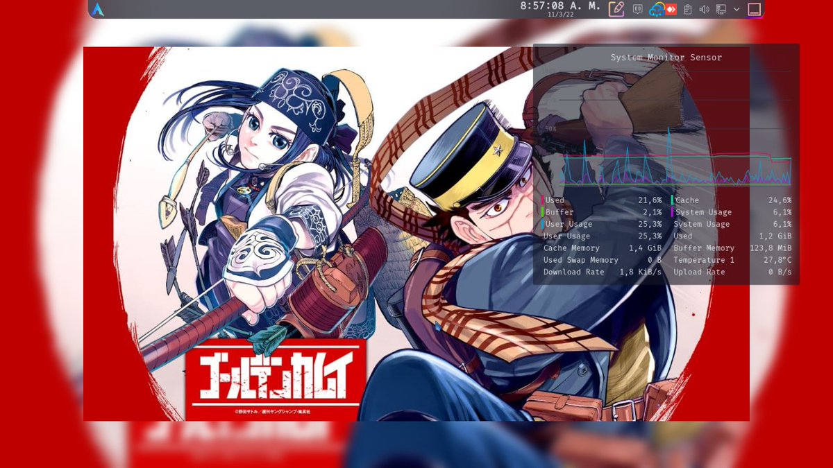 mamp1987's tweet photo. Pues hoy en este #ViernesDeEscritorio mostrando que hasta los otakus pueden usar #GNULinux y darle vistosidad a sus escritorios, hoy con tema de #JujutsuKaisen, aparte hoy celebrando #20years de #BTWIUseArch https://t.co/K1EoUyge4l