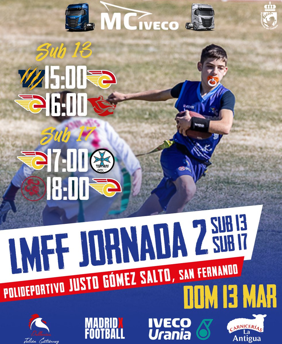 Este domingo 13 de marzo, en San Fernando 📍, juegan nuestros equipos de #Flag #Football sub13 y sub17.

Nuestro sub13 jugará a las 15:00 vs <a href="/WildcatsFA/">Wildcats</a> y a las 16:00 vs <a href="/ososrivas/">Osos Rivas Football</a>. El sub17 a las 17:00 vs <a href="/OMTemplars/">Opticlass Móstoles Templars</a> y a las 18:00 vs <a href="/RoyOaksKnights/">The Royal Oaks Knights</a>.

¡Suerte! 🏈💙#BLUEPRIDE💙
