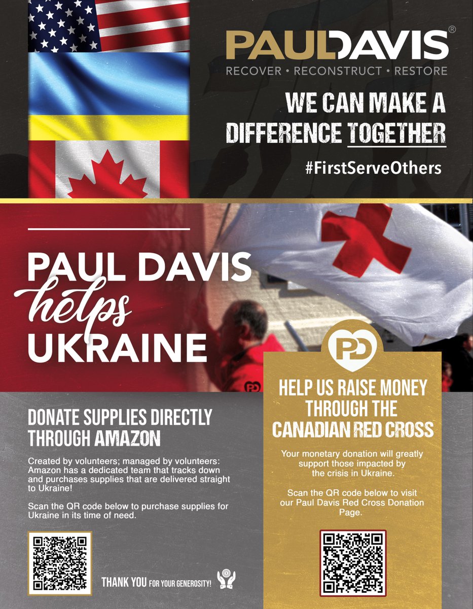 PaulDavisCanada's tweet photo. Here at Paul Davis, we help those in need in our local communities. Now, our international community needs our help. Please consider joining Paul Davis in our efforts to help Ukraine.
.
.
.
.
.
.
#helpingthoseinneed #ukraine #firstserveothers https://t.co/VPJktLfh5J