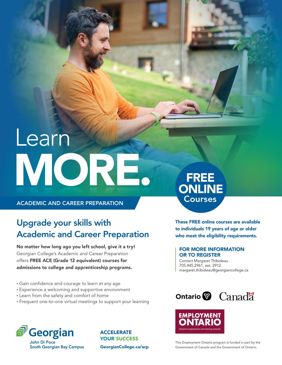 Upgrade your skills with Academic and Career Preparation
No matter how long ago you left school, give it a try!
Georgian College’s Academic and Career Preparation offers FREE ACE (Grade 12 equivalent) courses for admissions to college and apprenticeship programs.