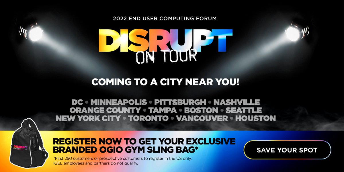 HedgehogZippy's tweet photo. Register today for @IGEL_Technology #DISRUPT2022 on Tour! Whenever you want. Wherever you are. #DaaS #VDI #Workspaces #Secureendpoints #Remotework #Hybridwork #MicrosoftAVD #Microsoft365 #Nerdio #VMwarehorizon #ControlUP #Liquidware #LoginVSI #DeviceTrust https://t.co/BOEPZTs1kE https://t.co/oamdheXX9m
