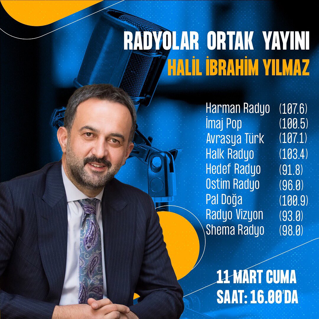 Ankara Kent Konseyi Başkanı Halil İbrahim Yılmaz, 11 Mart Cuma (Bugün) Saat 16:00’da Radyolar Ortak Yayını’nın konuğu oluyor. <a href="/halilibrahimy_/">Halil İbrahim YILMAZ</a> <a href="/radyo_harman/">Radyo Harman</a> <a href="/ostimradyo/">Ostim Radyo</a> <a href="/hedefradyo/">Hedef Radyo</a> <a href="/halkradyo1/">HalkınRadyosu</a> <a href="/avrasyaturk/">Radyo Avrasya Türk</a>