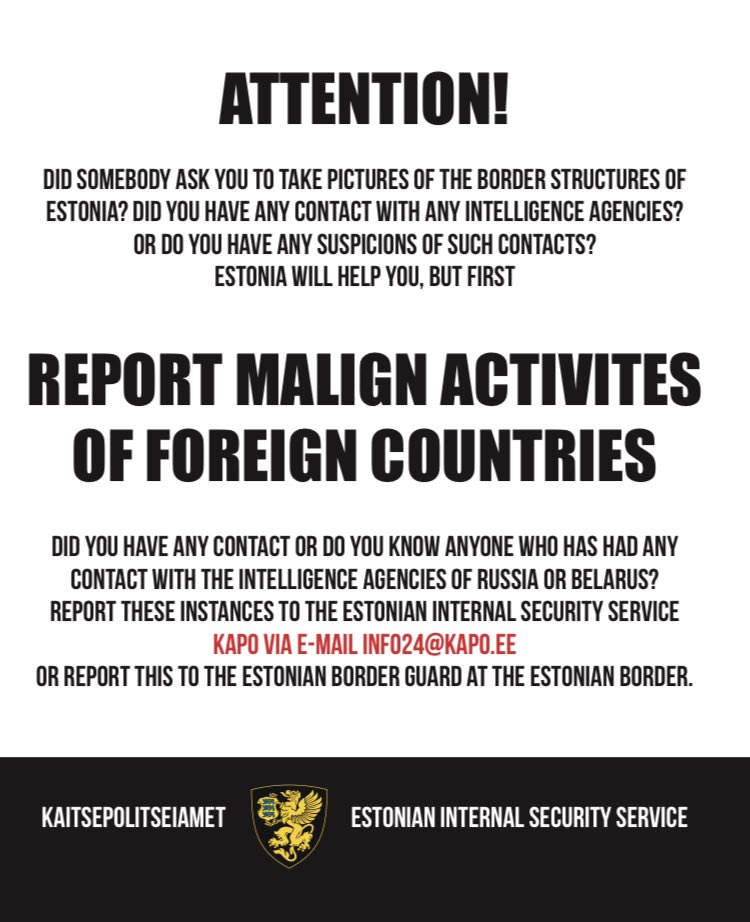 kaitsepolitsei's tweet photo. Russian intelligence ramping up efforts on the Estonian border. As of today, we are publicly asking people crossing the border to report Russian/Belarusian intelligence attempts to recruit &amp; establish contact

It’s better you come to us first with this info, before we come to you https://t.co/YbrxrMv7vg