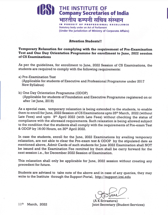 FCSJigarShah's tweet image. Temporary relaxations for complying with ODOP and Pre-Exam tests for June 2022 session. 

@icsi_cs 
#CSExams 
icsi.edu/media/webmodul…