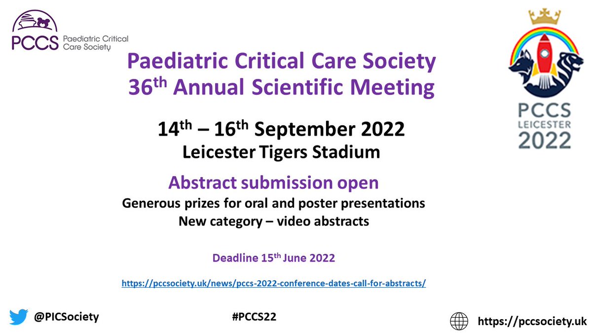 Paediatric Critical Care Society (@picsociety) on Twitter photo We're delighted to announce that #PCCS22 #conference is #FacetoFace!
Hosted by <a href="/PICULeicester/">PICU Leicester UK</a> & <a href="/UHLCICU/">UHL_CICU</a> <a href="/LeicesterTigers/">Leicester Tigers</a> stadium
*Amazing scientific programme
*Connect with the #PedsICU community #IRL
*'PIC & Mix' #online #stream
Abstract submission: pccsociety.uk/news/pccs-2022… We're delighted to announce that #PCCS22 #conference is #FacetoFace!
Hosted by <a href="/PICULeicester/">PICU Leicester UK</a> & <a href="/UHLCICU/">UHL_CICU</a> <a href="/LeicesterTigers/">Leicester Tigers</a> stadium
*Amazing scientific programme
*Connect with the #PedsICU community #IRL
*'PIC & Mix' #online #stream
Abstract submission: pccsociety.uk/news/pccs-2022…