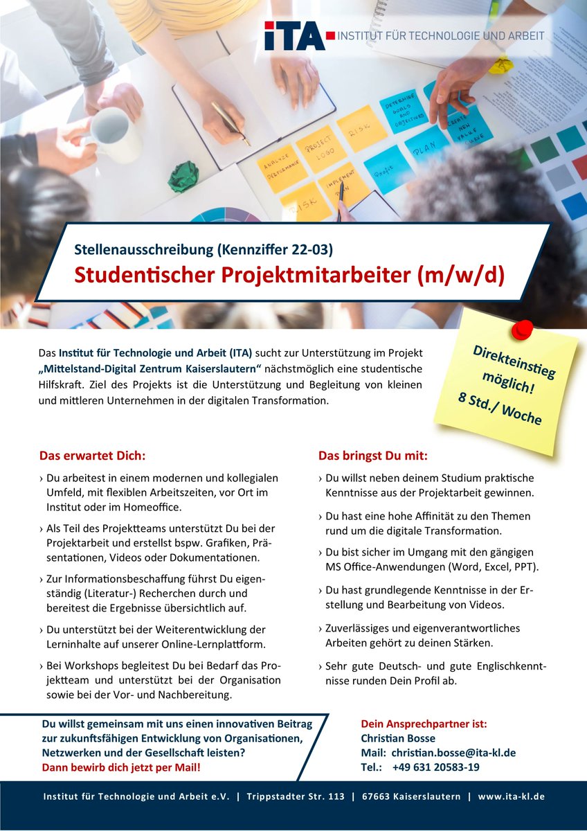 Institut für Technologie und Arbeit e.V. (@institut_ita) on Twitter photo Das <a href="/Institut_ITA/">Institut für Technologie und Arbeit e.V.</a> sucht studentische Mitarbeiter für verschiedene Forschungs- und Transferprojekte. Neben einem kollegialen Umfeld bieten wir flexible Arbeitszeiten, sowohl vor Ort in unseren modernen Räumlichkeiten in der Nähe zur <a href="/uni_kl/">uni_kl</a> als auch im Homeoffice. <a href="/ScAl_KL/">SIAK</a> Das <a href="/Institut_ITA/">Institut für Technologie und Arbeit e.V.</a> sucht studentische Mitarbeiter für verschiedene Forschungs- und Transferprojekte. Neben einem kollegialen Umfeld bieten wir flexible Arbeitszeiten, sowohl vor Ort in unseren modernen Räumlichkeiten in der Nähe zur <a href="/uni_kl/">uni_kl</a> als auch im Homeoffice. <a href="/ScAl_KL/">SIAK</a>