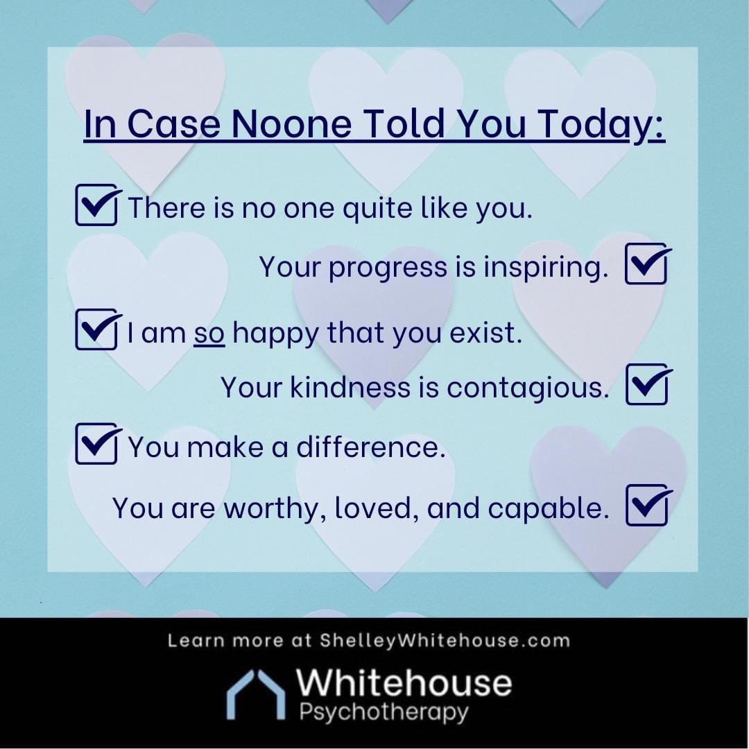 Psychotherapyw9's tweet photo. Has anyone complimented you today? If not, we have you covered! Never forget how amazing and unique you are. Try extending these affirmations to people throughout your day and make a difference in their lives!
#Psychotherapy #Therapy #MentalHealth #Toronto #TorontoTherapy https://t.co/WCRUzVUNAh