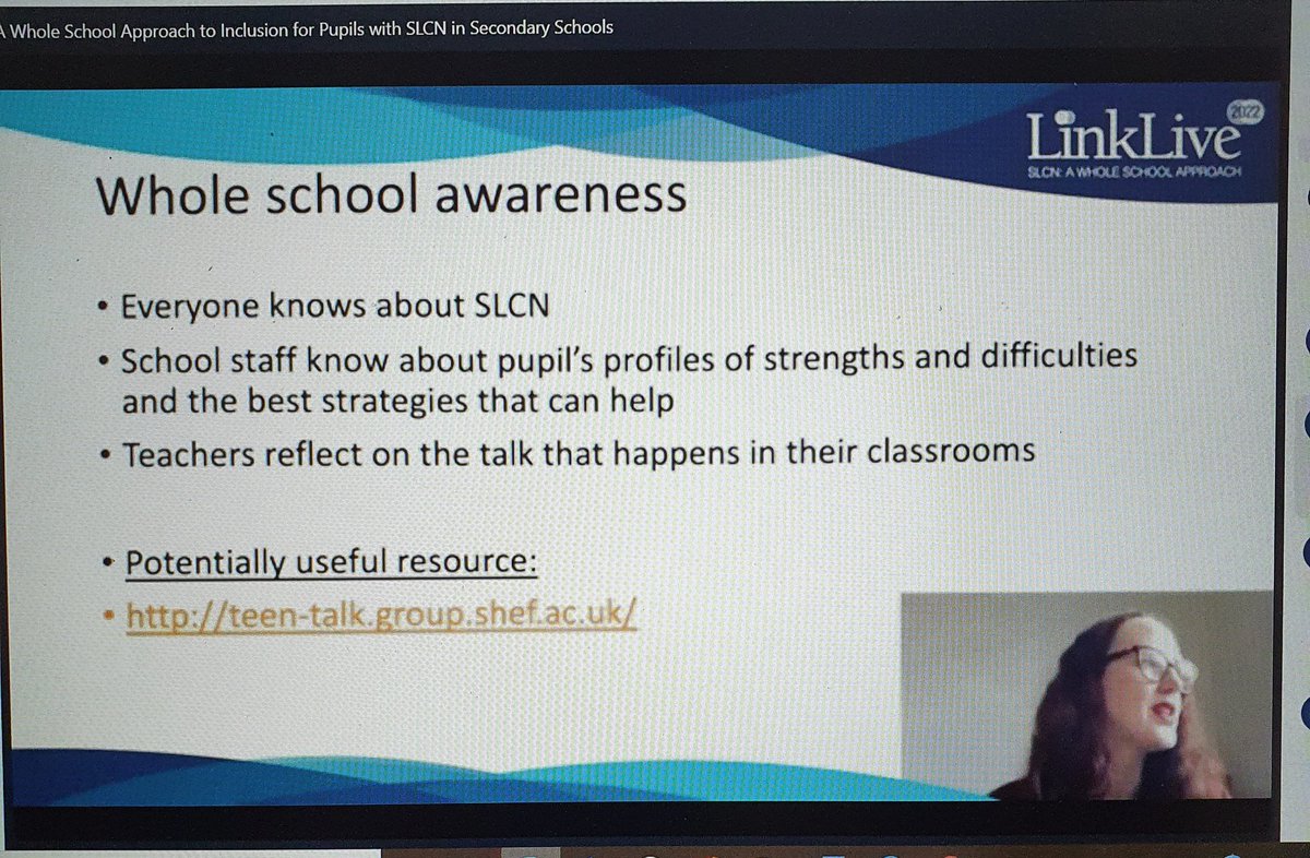 alexisemma31SLT's tweet photo. @SSpencerSALT 'Whole school awareness of how to support young people with SLCN is key' @SpeechLink #LinkLive22 https://t.co/u3fdVfzypp