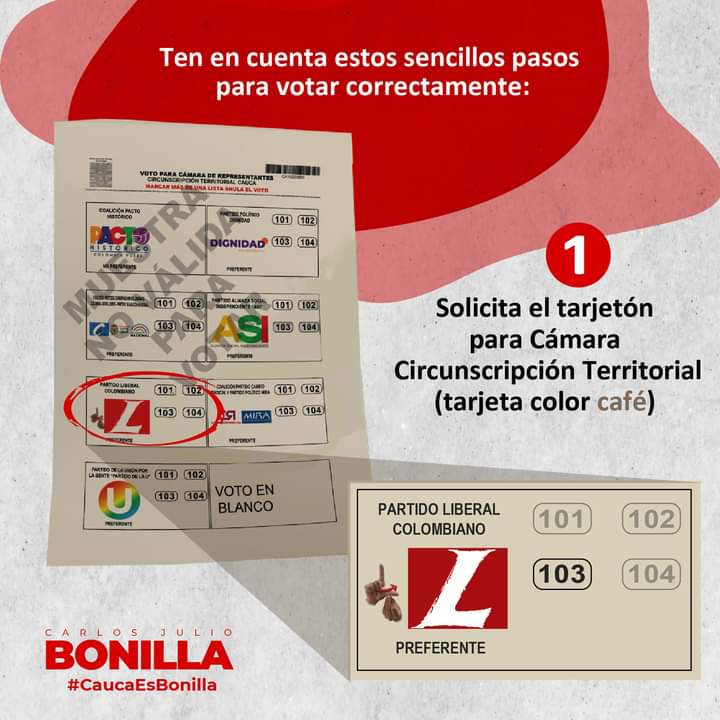CJBONILLASOTO's tweet photo. 💪🏾¡Vamos con toda, estamos al 103% por el Cauca!

✅1. Solicita el tarjetón para Cámara Circunscripción Territorial (tarjeta café).

✅2. Busca la L del Partido Liberal, márcala con X.

✅3. Luego marca el número 103 con un X sin salirte del recuadro, ¡y listo!

@PartidoLiberal https://t.co/bGnUU3ZvBv