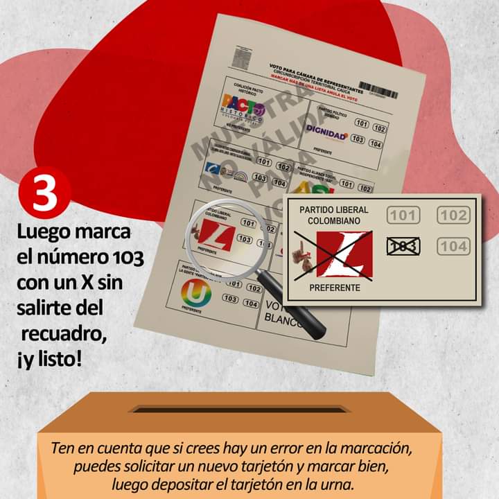 CJBONILLASOTO's tweet photo. 💪🏾¡Vamos con toda, estamos al 103% por el Cauca!

✅1. Solicita el tarjetón para Cámara Circunscripción Territorial (tarjeta café).

✅2. Busca la L del Partido Liberal, márcala con X.

✅3. Luego marca el número 103 con un X sin salirte del recuadro, ¡y listo!

@PartidoLiberal https://t.co/bGnUU3ZvBv