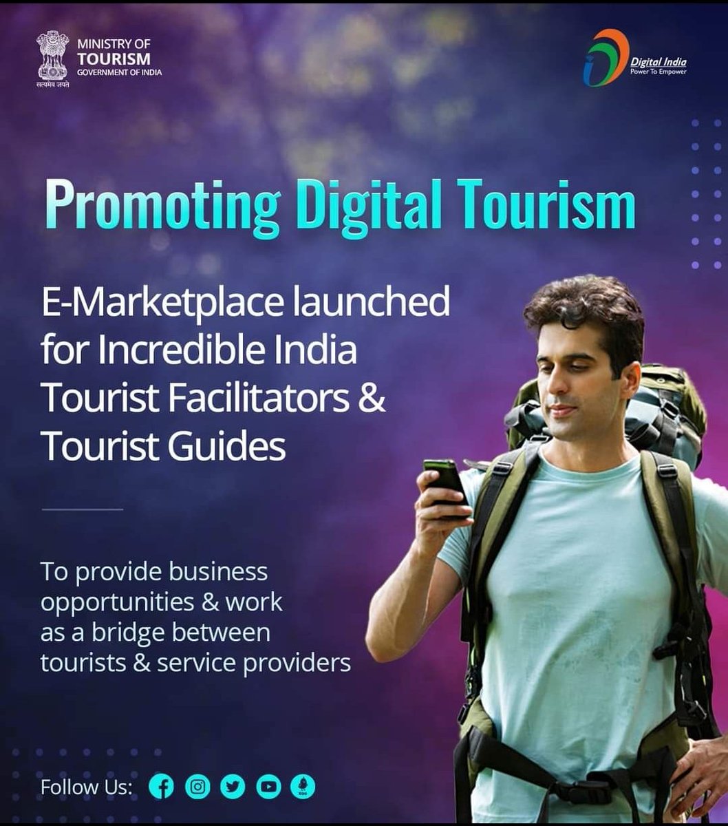 #DigitalTourism has immense #Potential in #generating #employment & #business #opportunities
E-#Marketplace launched by #Govt for #tourist #Guides & #facilitators, which will #work as a #Bridge between them & #tourists 
#IncredibleIndia
#DigitalMarketing
#InfluencerMarketing