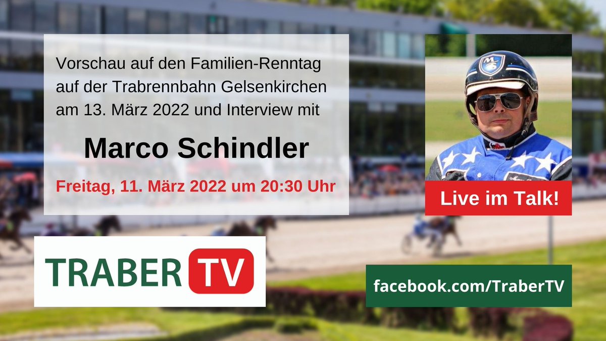 Im <a href="/GelsenTrabPark/">GelsenTrabPark</a> findet am kommenden Sonntag ein Familienrenntag statt. Heute abend ab 20:30 Uhr teilt Bahnmoderator, Amateurfahrer und Traberbesitzer Marco Schindler auf <a href="/Traber_TV/">TraberTV</a> mit uns seine Einschätzungen zu den Rennen.

#TraberTV #Gelsenkirchen
