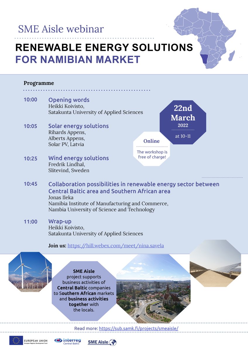 #Namibia is known for abundant renewable energy sources like solar and wind. Moreover, the #CentralBaltic SMEs have much to offer in this sector. Join a free webinar on Tuesday 22.3. at 10 o'clock (Finnish and Namibian time) to hear more! More information: tinyurl.com/5exc6rzc