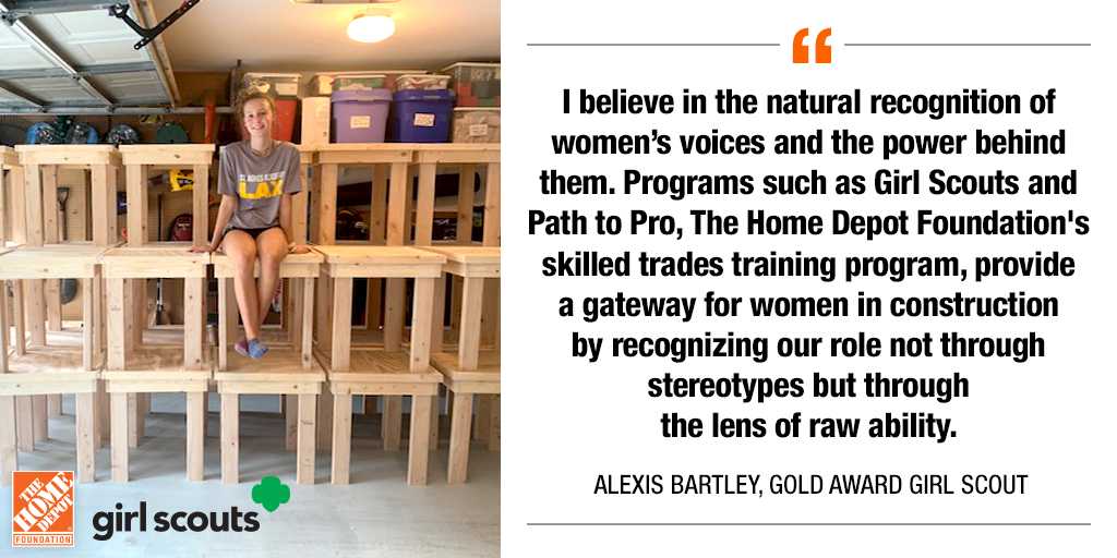 The Home Depot Foundation (@homedepotfound) on Twitter photo Today for #WomeninConstruction week, we are celebrating young women who are breaking into the skilled trades industry. Meet Alexis. She's a Gold Award Girl Scout who built 30 refrigerator tables for families at the Ronald McDonald House in Houston. <a href="/girlscouts/">Girl Scouts</a> Today for #WomeninConstruction week, we are celebrating young women who are breaking into the skilled trades industry. Meet Alexis. She's a Gold Award Girl Scout who built 30 refrigerator tables for families at the Ronald McDonald House in Houston. <a href="/girlscouts/">Girl Scouts</a>