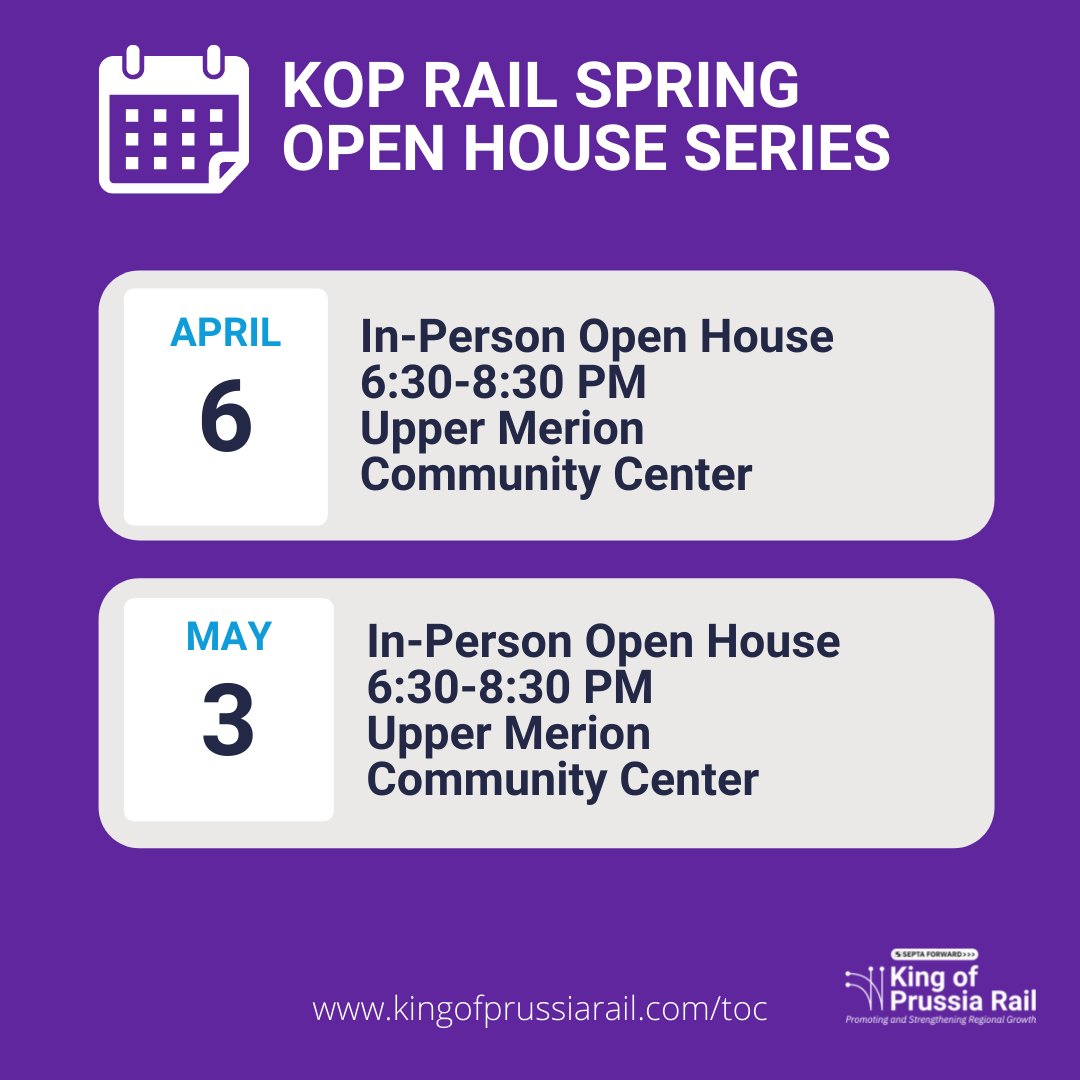 KOPRail's tweet photo. You have two more chances to tell @SEPTA what you want the area near #KOPRail stations to look like! We’re holding a spring open house series to give YOU a chance to help shape the future of the area. https://t.co/nStn5S0jA3 https://t.co/IOk2ykKZLn