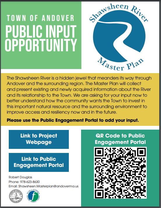 AndoverMaGov's tweet photo. The Shawsheen River Master Plan needs your input! Let us know how you want the Town to invest in
this important natural resource and surrounding environment to improve access &amp; resiliency now and in the future. Access the public engagement portal here: https://t.co/sUr6KcJ3Mv https://t.co/Rj5reQTfEn
