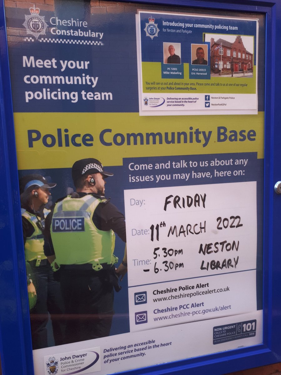 There will be a joint Police / Councillor surgery at Neston Library today from 5.30pm until 6.30pm. We hope to see you there! We will also check our social media pages for any messages. Thank you.
#WeCare #StreetSafe