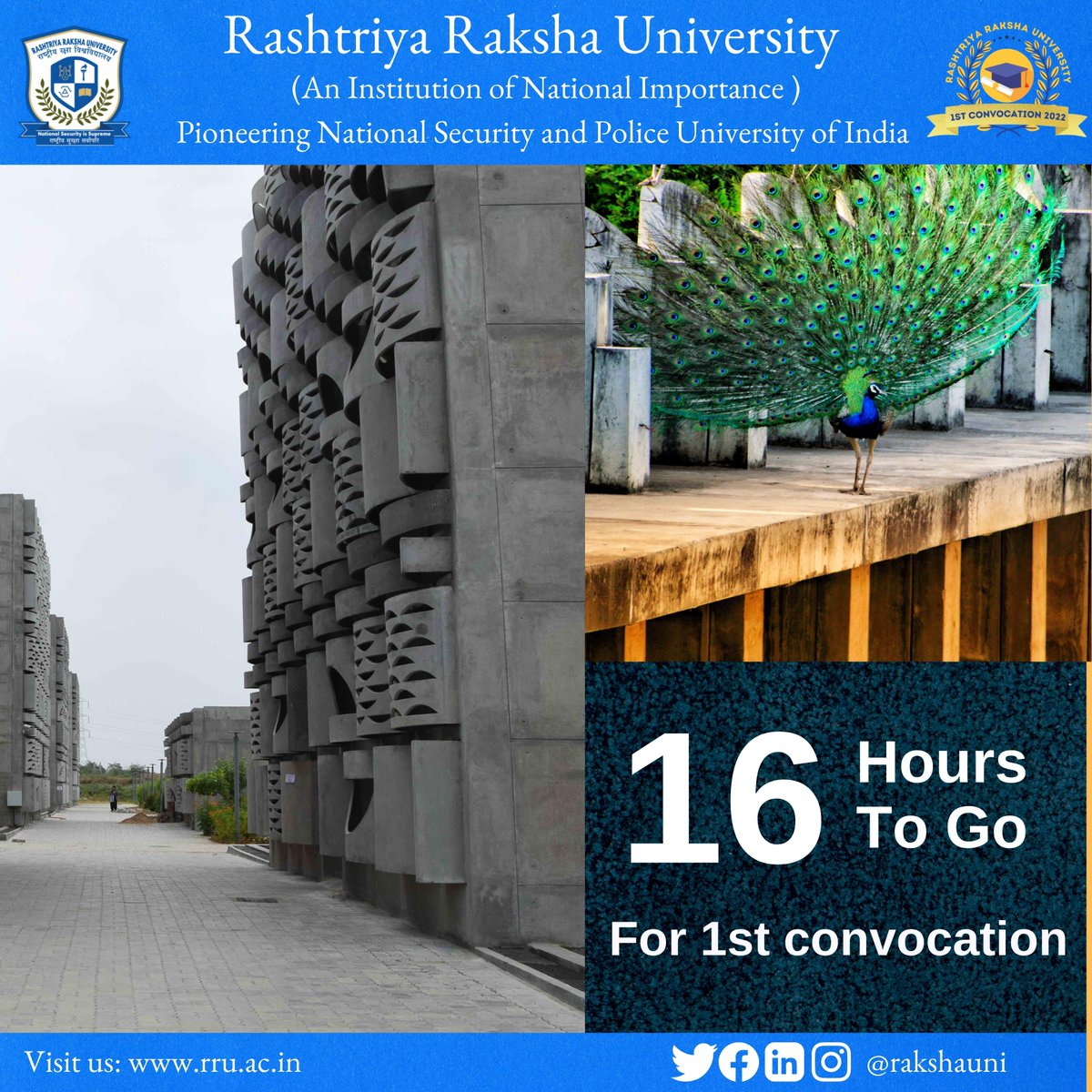 RakshaUni's tweet photo. Only 16 hours remaining for @RakshaUni monumental First Convocation Ceremony.

#RRU #PMatRRU #FirstConvocation #Convocation2022 #InstitutionOfNationalImportance #MHA #GoI #AzadiKaAmritMahotsav #16hourstogo 

@PMOIndia 
@HMOIndia 
@PIBHomeAffairs 
@ADevvrat 
@CMOGuj 
@RakshaUni https://t.co/BieRMsk7G3