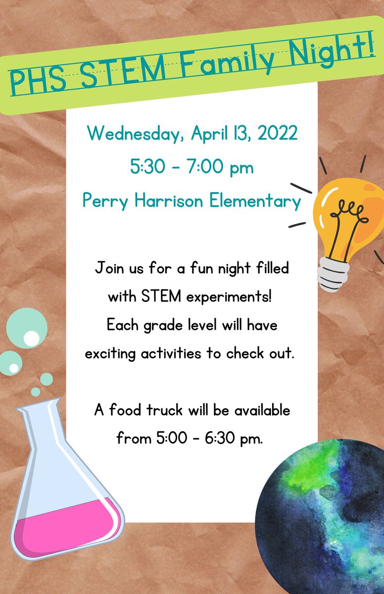 PHE_Mariners's tweet photo. Save the Date for PHS STEM Family Night on April 13 from 5:30 - 7:30pm! Join us for a fun night filled with STEM experiments! Each grade level will have exciting activities to check out. A food truck will be available from 5:00 - 6:30pm. @Mariners27312 #stemfamilynight https://t.co/plhRJhnXCl