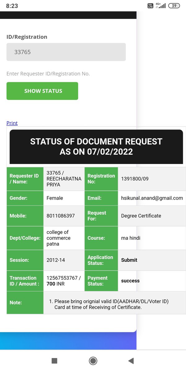 hsiKunal's tweet photo. @sanjayjavin  @BiharEducation_ 
Sir, I had pay as Original certificate fee through Magadh University website, but college staff said that no validity of online payment. Plz do something positive. Bill details are attached. https://t.co/RtNLisf3Je
