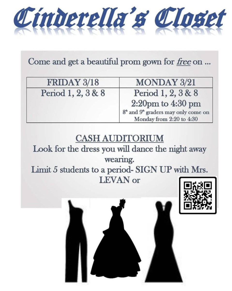 CHS_LeoClub's tweet photo. Cinderella’s Closet is back!! We are so excited to announce that we will be hosting our free prom dress event Friday 3/18 and Monday 3/21 during periods 1, 2, 3, &amp; 8, as well as after school on Monday! Sign up with Mrs. Levan or use the QR code and click “go to website.” ❤️🖤🤍 https://t.co/ycm6USqTNy